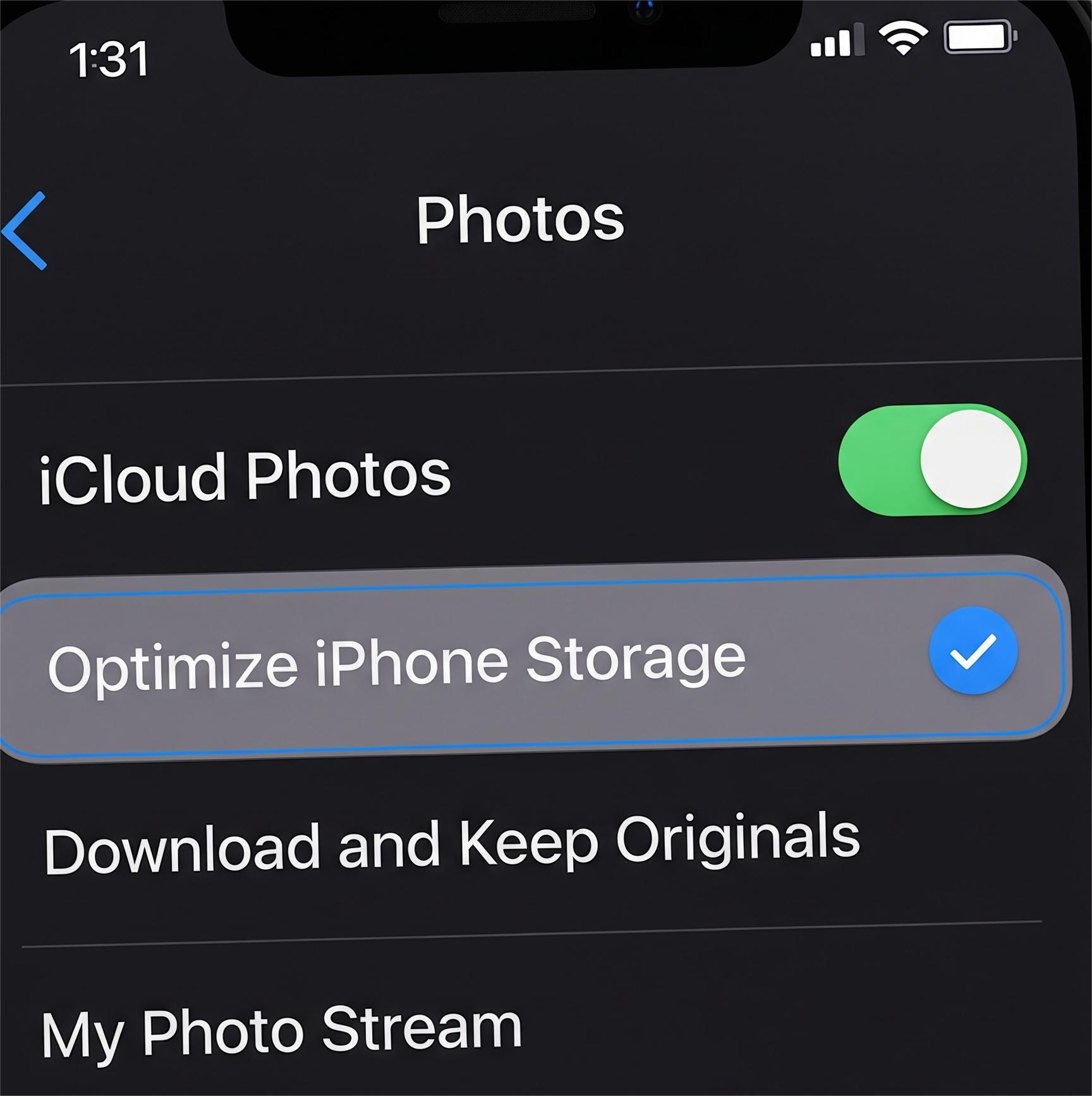 Optimize iPhone Storage setting in Photos